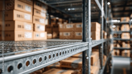 Warehouse Racking System: Rows of Shelves Filled with Cardboard Boxes in a Distribution Center