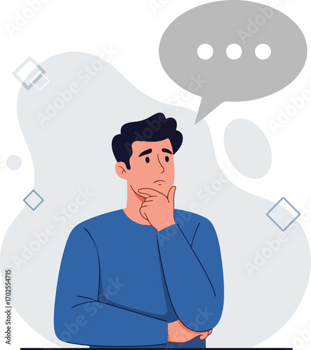 Man in blue shirt thinking with a grey speech bubble contemplation idea