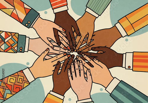 Illustration of diverse hands joined together in a circle, symbolizing unity and teamwork.