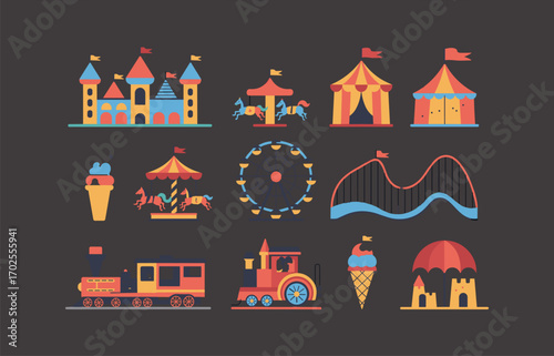 Colorful amusement park vector illustration set with castle, circus tents, carousel, ferris wheel, roller coaster, toy train, ice cream and carnival fun icons