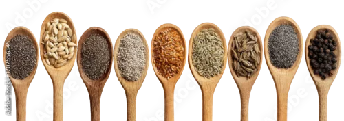 Panel kuchenny z motywem Wooden spoons filled with various spices and seeds (1)