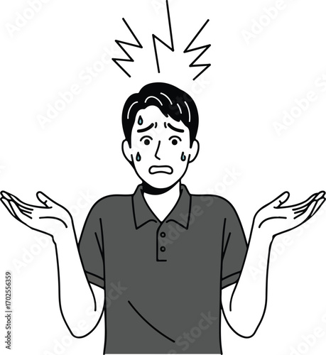 Man with arms outstretched looking stressed and confused worried anxious
