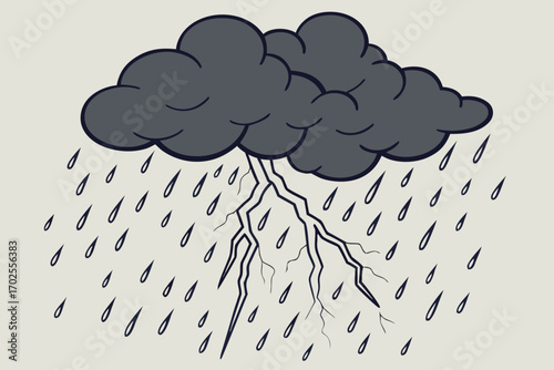 Vector art of a dark storm cloud unleashes a torrent of rain and a jagged bolt of lightning, symbolizing the power and drama of a thunderstorm