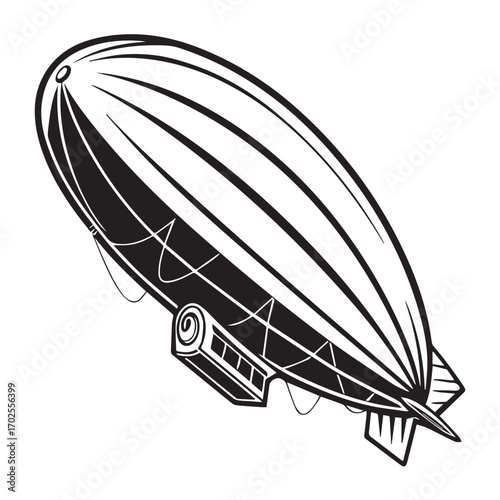 Black and white illustration of a vintage blimp or airship, isolated on white background