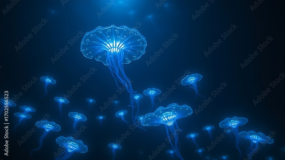 Obraz premium Strange and beautiful bioluminescent lifeforms emerging from the inky darkness of the deep ocean.
