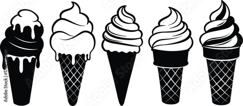Ice cream cone illustrations, black and white sweet dessert designs, melting soft serve, perfect for food, summer, dessert, and snack projects