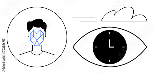 Geometric human face analysis with network lines, abstract eye with clock, cloud. Ideal for AI, biometrics, digital identity, time management, surveillance, secure authentication futuristic design