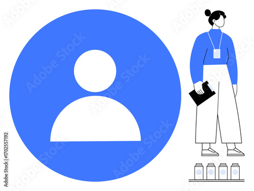 Large profile icon contrasts with a person in blue attire holding a clipboard, symbolizing identity, organization, business, and management. Ideal for concepts thumbs up collaboration, networking
