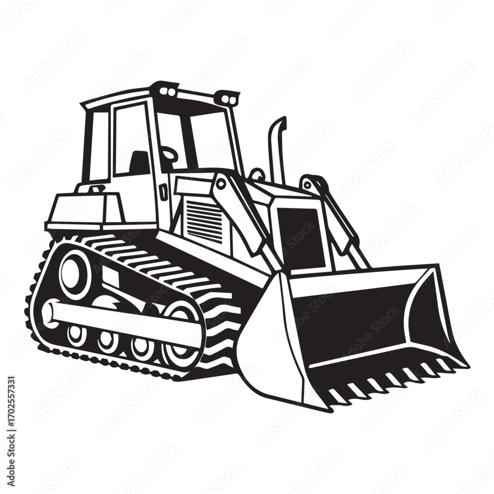 Naklejka premium Illustration of a bulldozer with tracks and a front loader, isolated on white background