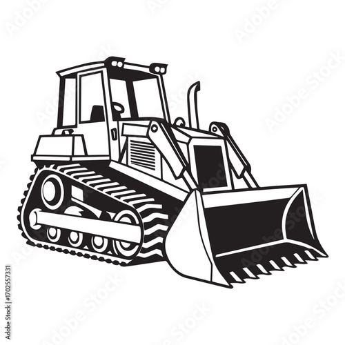 Illustration of a bulldozer with tracks and a front loader, isolated on white background