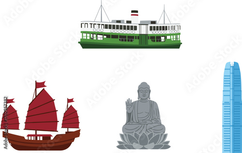 Hong Kong icons with Star Ferry, junk boat, Big Buddha statue, International Finance Centre, cultural landmark design, travel city concept, CAD drawing flat vector illustration