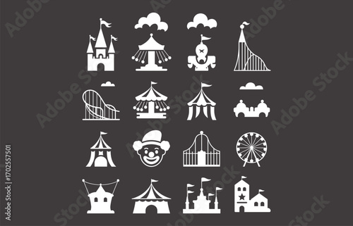 White silhouette carnival icons, circus tents, amusement park rides, Ferris wheel, roller coaster, castle, clown face, funfair illustration set for vector design, logo, decoration