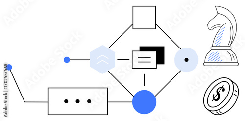 Flowchart with shapes, lines, and icons representing process steps, strategy, and finance. Ideal for workflow, planning, decision-making, strategy finance tech processes flat simple metaphor