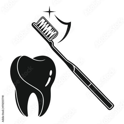 A bold black silhouette of a tooth next to a toothbrush with its bristles creating a sparkling effect