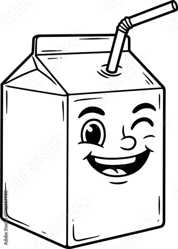 Cartoon milk or juice carton with a straw and a winking face on a white background in black and white style