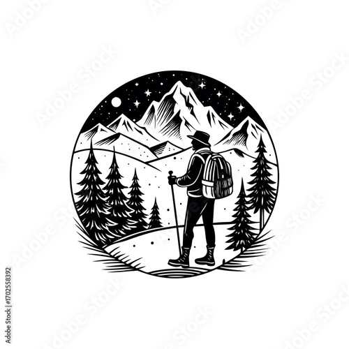 Silhouette of a hiker in a mountain landscape under a starry night