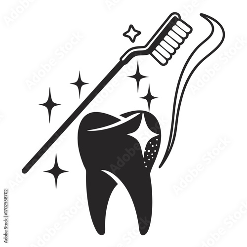 Black and white illustration of a tooth being brushed with a toothbrush and dental floss on a white background