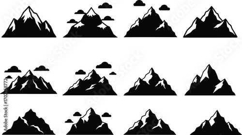 Black mountain silhouette icons with snow peaks, cloud elements, and varied alpine designs, perfect for logo, adventure, or outdoor themes