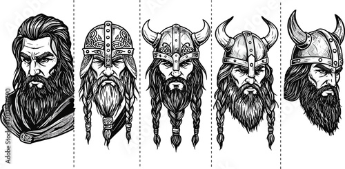 Viking warrior head illustrations with horned helmets, beards, braids, and fierce expressions, perfect for tattoo, logo, mascot, or design use