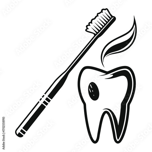 Black and white illustration of a tooth with toothpaste and a toothbrush on a white background