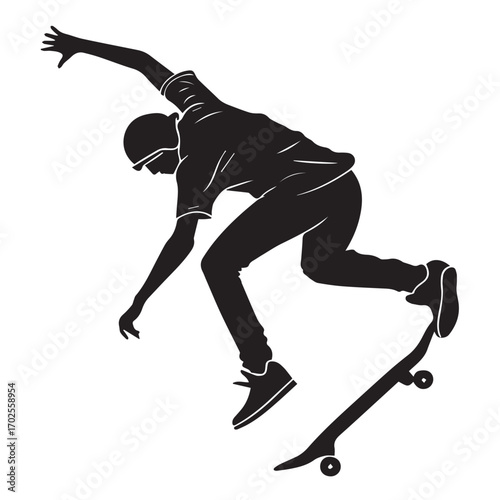 Silhouette of a skateboarder performing a trick, isolated on white background
