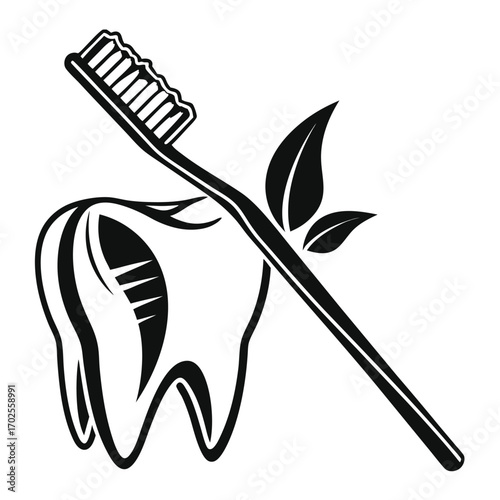 Black and white illustration of a toothbrush with leaves and a tooth on a white background nature