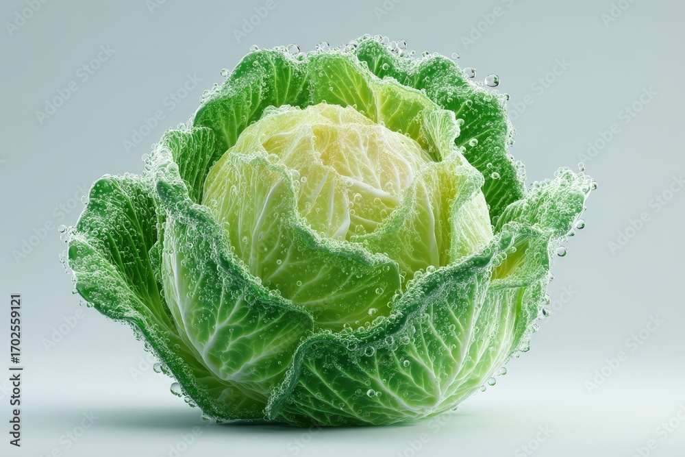 Fototapeta premium Fresh green cabbage with bubbles against a light background showcasing its texture and freshness