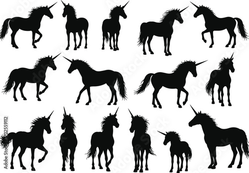 Unicorn silhouettes set, magical horse vector, fantasy creature clipart, mythical unicorn art, fantasy animal illustration, unicorn horse icons, magical fantasy figures, unicorn silhouette collection