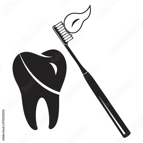 Black Silhouette of a Tooth and Toothbrush with Toothpaste on White Background dental hygiene