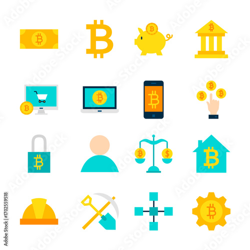 Bitcoin Icons Set Flat Style Digital Currency Concept