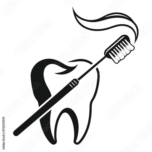 Black Silhouette of a Tooth with a Toothbrush and Toothpaste on White Background dental hygiene