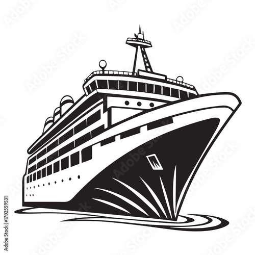 Stylized illustration of a large cruise ship sailing on water, isolated on white background