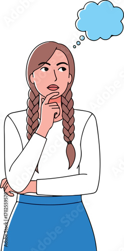 Woman with braided hair thinking with a thought cloud contemplation