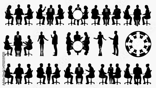 Diverse business professionals collaborate and strategize in dynamic meeting settings, fostering teamwork and innovation.
