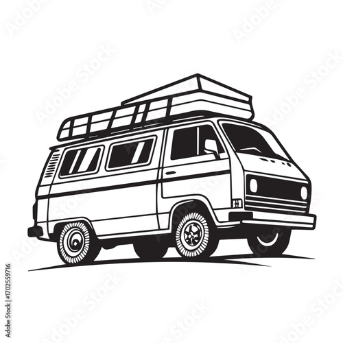 Vintage camper van with a roof rack and poptop, isolated on a white background, classic vehicle for travel and adventure