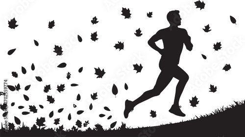 Silhouette of a man running uphill with autumn leaves blowing around him on a white background vector
