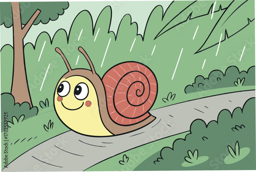 Illustration of a snail on a path during a rainy day, surrounded by greenery, showcasing a whimsical and colorful scene