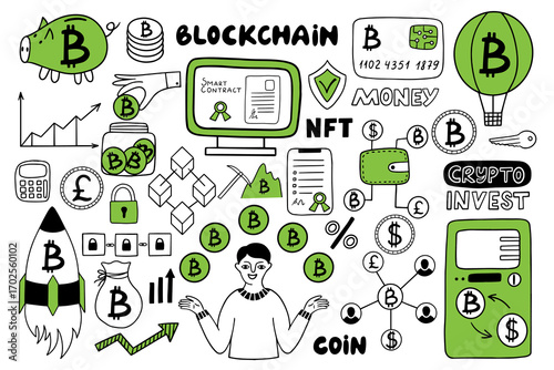 Hand drawn cryptocurrency blockchain doodle icons set