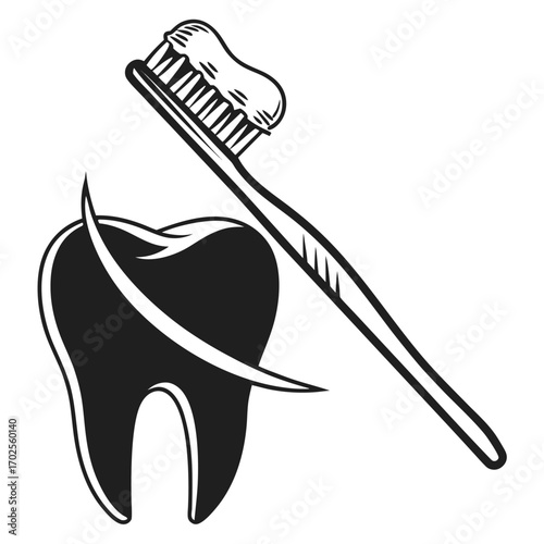 Stylized tooth with curved lines and a toothbrush with toothpaste on a white background dental