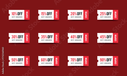 Set of discount coupon templates from 10% to 90% off. Modern gift voucher, sale ticket, and promotional offer design for shopping, retail, and marketing use.