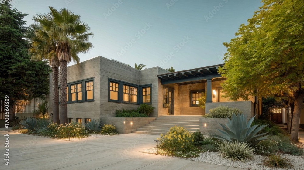 Fototapeta premium Modern residential building with geometric design, flat roof, and large windows set against a twilight sky,