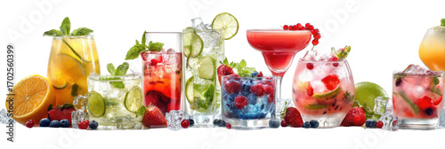 Colorful array of fruit-infused cocktails in various glasses, garnished with fresh fruit and herbs, displayed on a surface with ice