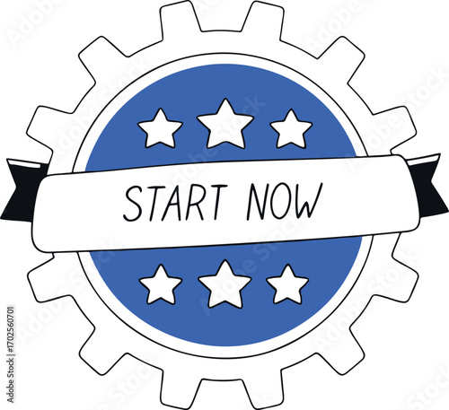 Motivational Emblem with Gear Stars and Banner Encouraging Immediate Action and Progress