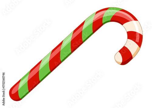 Festive Candy Cane Illustration with Red Green and White Stripes for Christmas on white background