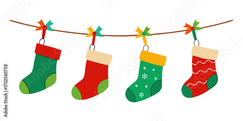 Festive Christmas Stockings Hanging on a String Ready for Santa s Gifts on white background