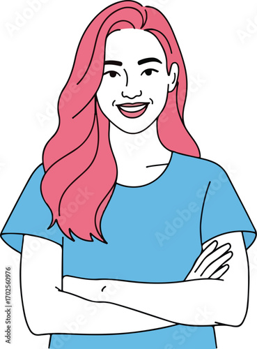 Woman with Pink Hair Arms Crossed Smiling White Background girl female