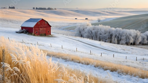 Red Barn in Frosted Wheat Field – High-Resolution Winter Farm Landscape,