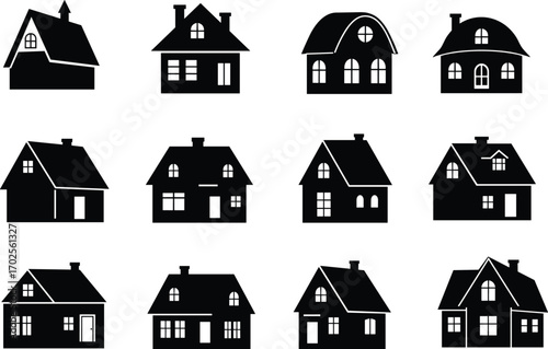House silhouette set, black home icons, residential building clipart, real estate symbol, cottage vector illustration, architecture graphic design