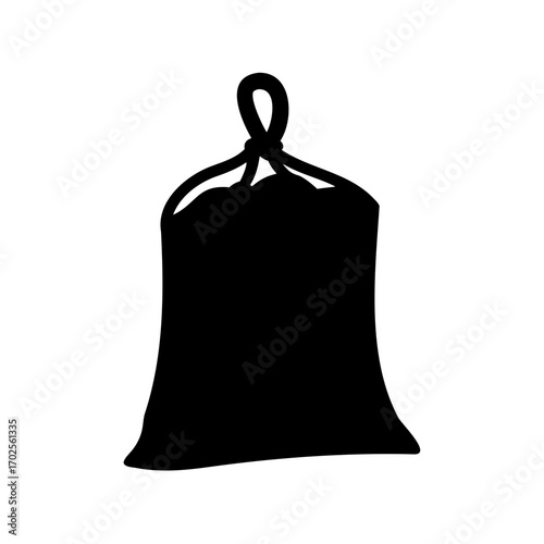 Silhouette of a black garbage bag closed with a tied loop on white