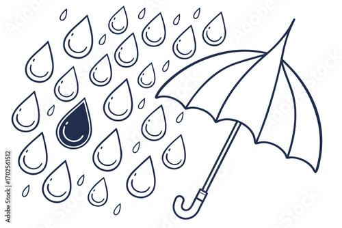Illustration of an umbrella surrounded by raindrops, with one raindrop colored in, depicting a rainy day scene